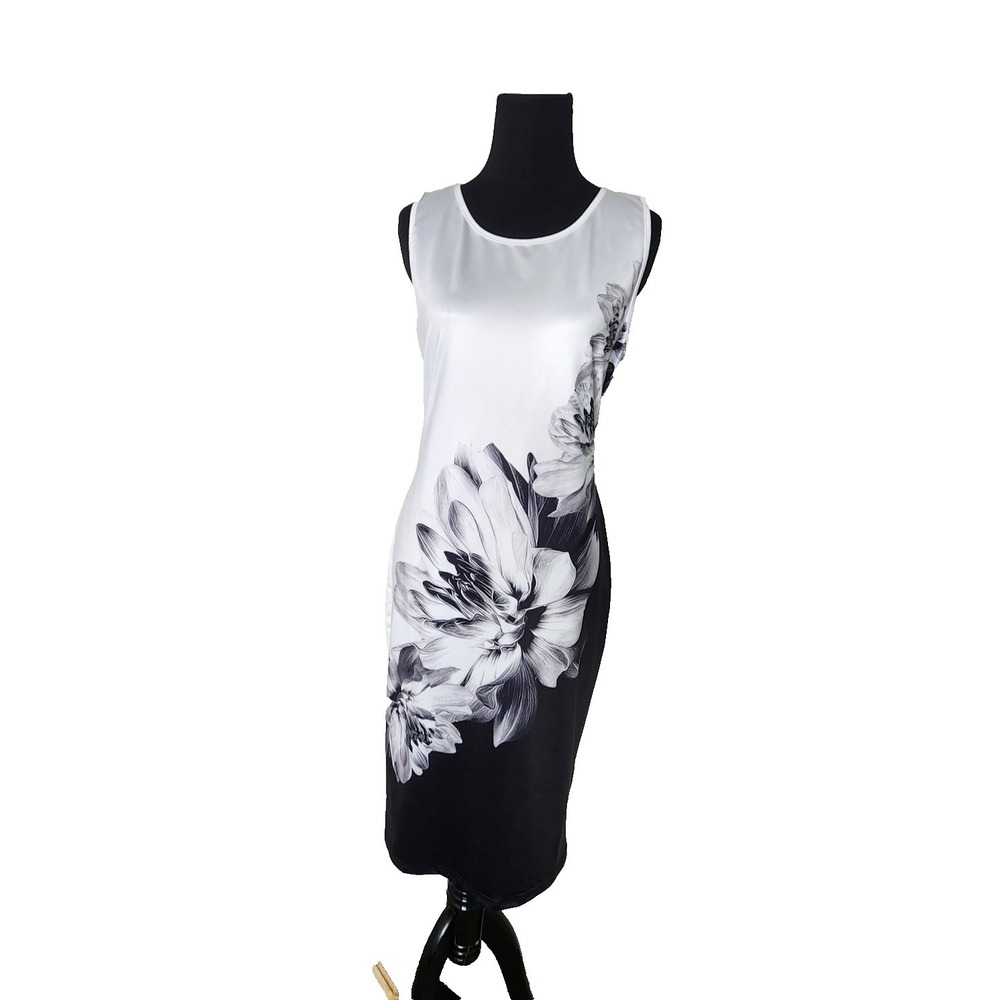 Women's Black & White‎ Floral Print Sleeveless Round Neck Summer Mini Dress L